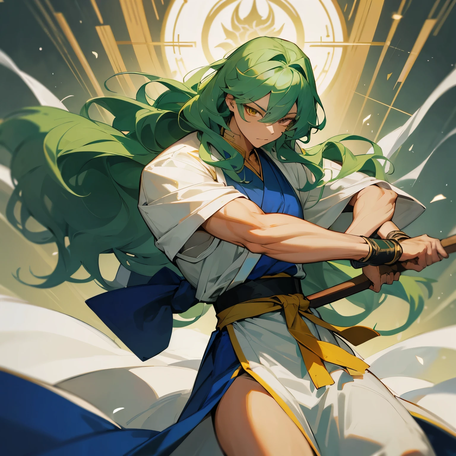 Green Hair , Golden Eyes , White Robes , Blue Sash belt , martial arts clothing, Long Hair , Wavy Hair , Muscular