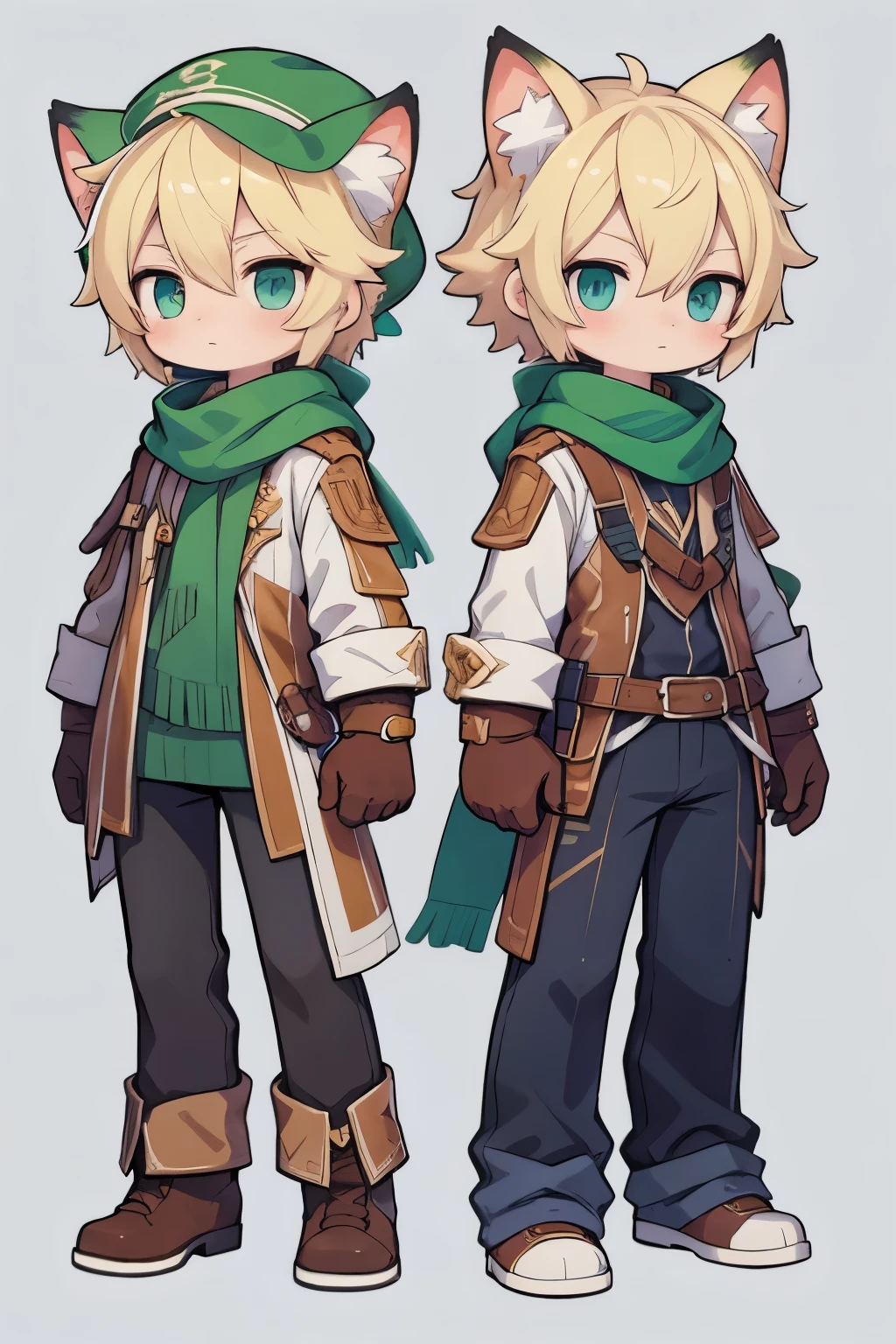 Back, Head Scratching, Anime Character Wearing Brown Hat and Gloves and Green Scarf, Single, Standing Painting, Art Style of Rune Factory 5, Character Art of Maple Leaf Story, Larrafal, Rune Factory 5, Cute Character, ((Character Concept Art)), Maple Story Gun Boy, Equipping Aurora, Maple Story Style, Character Taming, Male Explorer Mini Cute Boy, Official Character Art, Clear Costume Design, Cat Ears