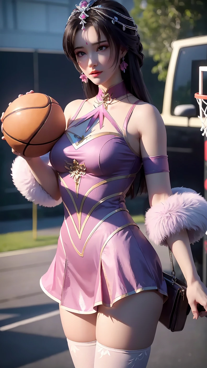 （RAW photos，4 k，A Masterpiece，Highretremely intricaifelike：1 girl.4 pcs），Cinematic lighting Delicate girl with facial features，The chest  extra-big
1 girl Girl， Single focus， summer noon， Hot， Pink basketball jersey gym 1 girl 990s\（stylized\），White and tender skin，The chest  extra-suk ，short pants，perspire，(Bestquality), (Highres), (an extremely delicate and beautiful),,(Beautiful 8k face),(brown eye),(Ulzzang-6500:1 girl.0),(solo),(lookside),(Viewer),(large breast),(NBA),it's over,,lookside,(side), ,(Basketball sportswear),((Play basketball)),((gymnasium)),((speed)),(reality),