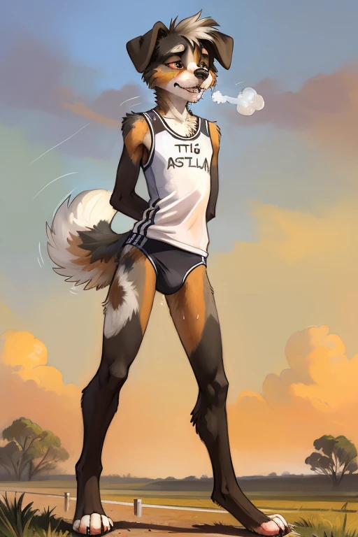 solo, ((Australian shepard)), male, slender, ((twink)), detailed, uploaded to e621, beautiful and detailed portrait of an anthropomorphic boy, short hair, kenket, uploaded to e621, digitigrade legs, very fluffy detailed fur, ((quivering motion lines)), fluffy tail, (detailed very thick black eye liner), pained expression, gritting teeth, visible breath, pubic hair, ribs and hip bones, (girls track uniform, tight bottoms, tanktop), sweaty, damp clothes, school track, leaning forward, (hands on knees), small bulge
