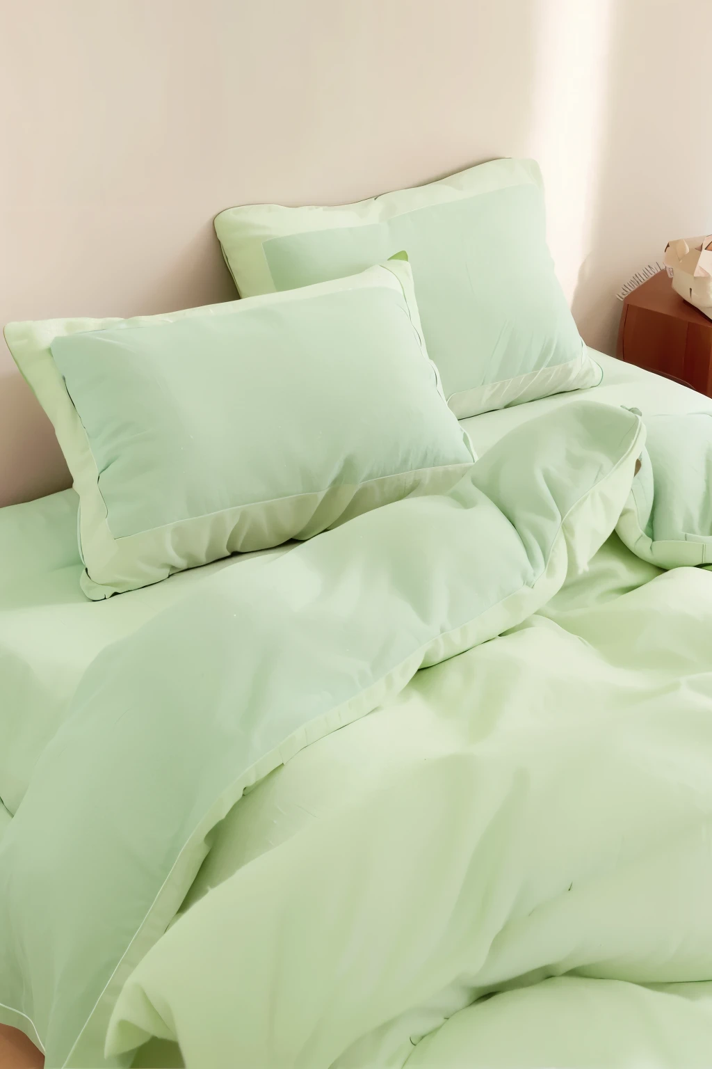 there a bed with a green comforter and two pillows, pastel green, designed for cozy aesthetics!, dreamy soft, soft - warm, soft cute colors, soft!!, soft green natural light, soft colore, large comfy bed, seafoam green, lightgreen, reluvy5213, soft mood, bright soft colors, cozy bed, light green