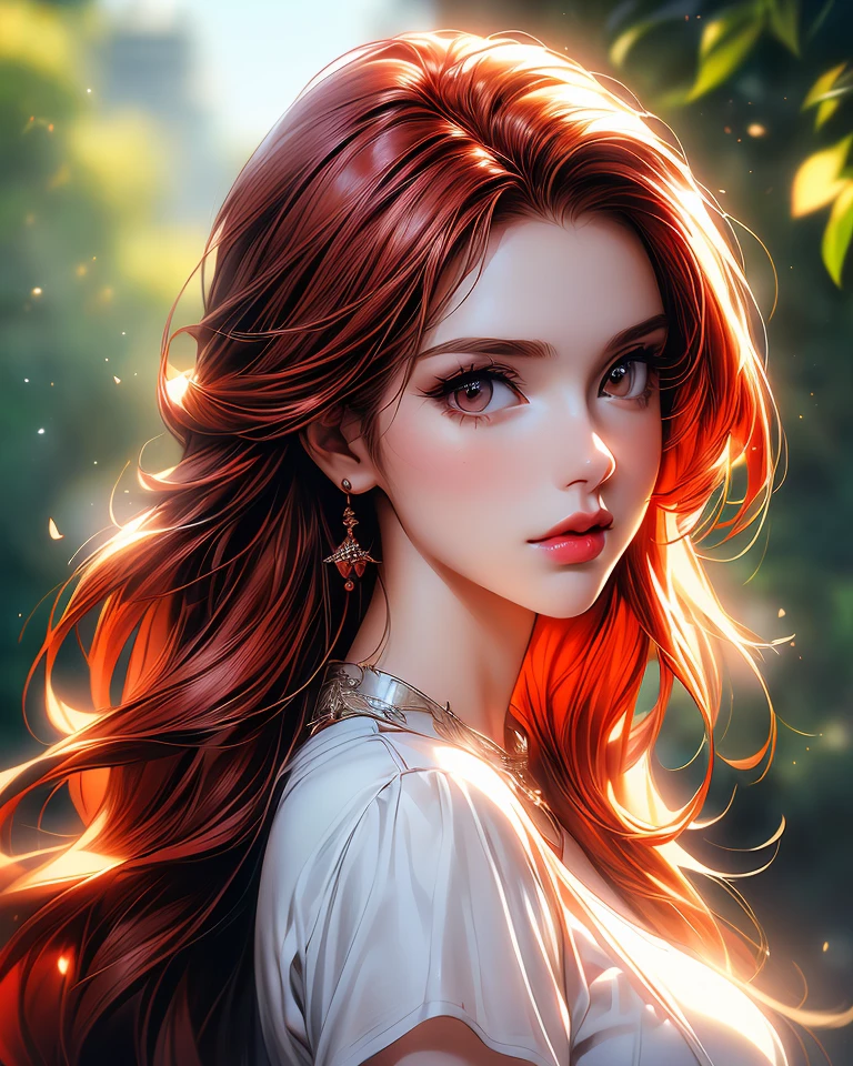 a close up of a woman with red hair and a white shirt, amouranth, alena aenami and artgerm, better known as amouranth, 🌺 cgsociety, ig model | artgerm, 8k artgerm bokeh, sakimichan frank franzzeta, style artgerm, fanart, ross tran style