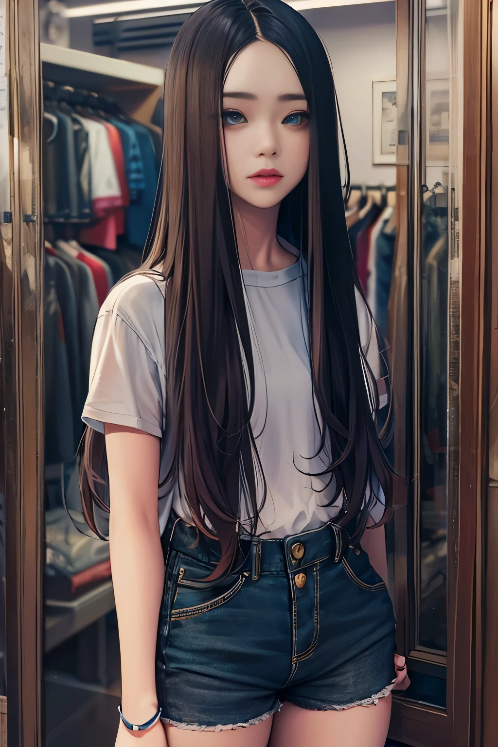 black long straight hair,age girl,shorts