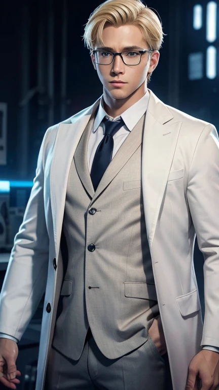 blonde、handsome hero with glasses、white coat worn by scientists、alone、There are also researchers、There are scientists、graduate school、Upper body、highest quality、masterpiece、ultra high resolution、(Photoreal:1.4)、game poster