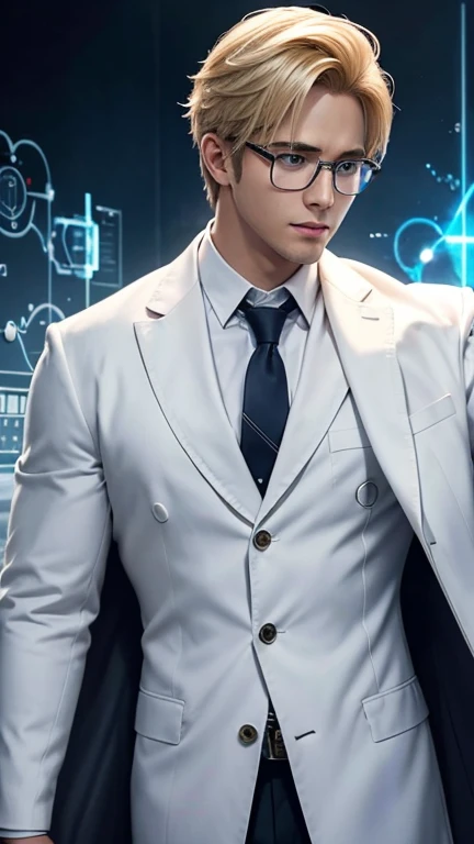 blonde、handsome hero with glasses、white coat worn by scientists、alone、There are also researchers、There are scientists、graduate school、Upper body、highest quality、masterpiece、ultra high resolution、(Photoreal:1.4)、game poster