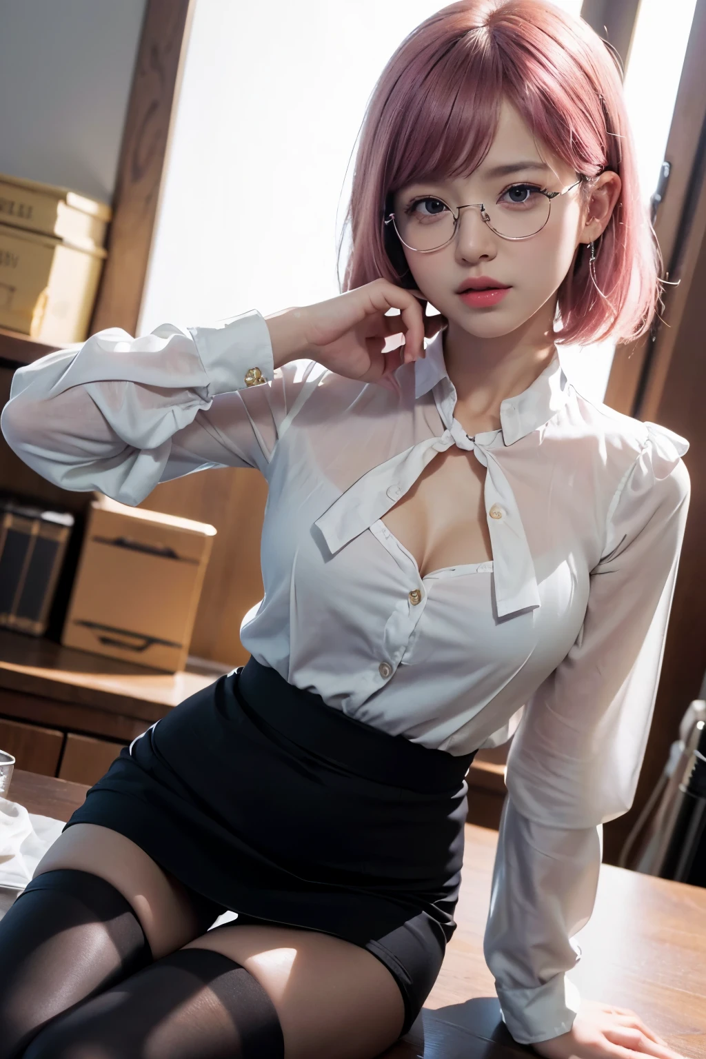 17:57:07 Expires after 13 days realistic, High resolution, soft light,1 female, alone, hip up, glowing skin, (detailed face),tattoo, jewelry, secretary uniform, white shirt, black skirt, black stockings, garter belt, night, pink hair, wavy hair, beautiful soldier, Eyes that invite the viewer, Spouse&#39;perspective, attractive appearance, sexy smile, perfect style, perfect balance, fine skin, naughty look, I can see your breasts,Medium chest, ((erect nipples)), thin waist,(show off your nipples)，big breasts