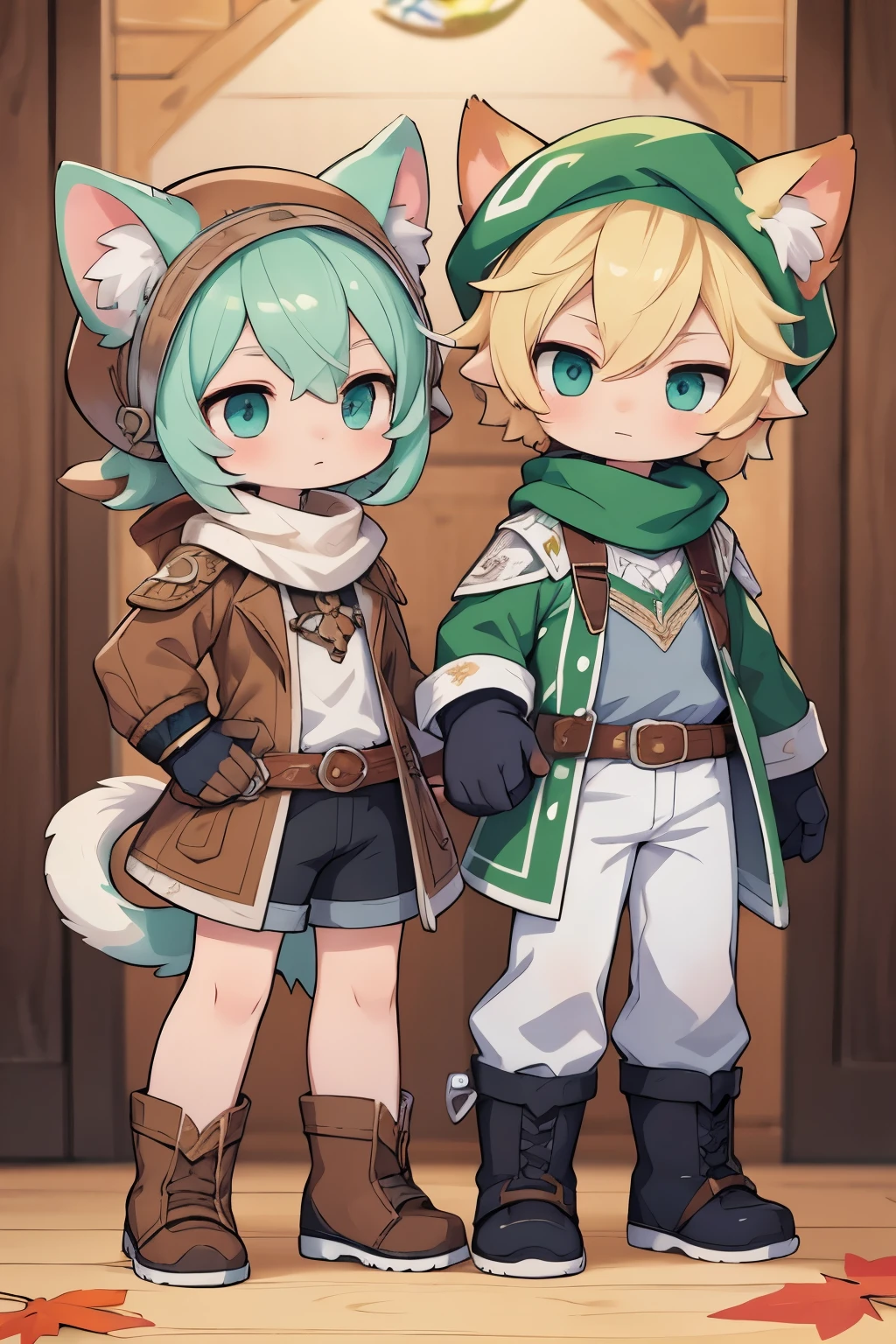 Back, Head Scratching, Anime Character Wearing Brown Hat and Gloves and Green Scarf, Single, Standing Painting, Art Style of Rune Factory 5, Character Art of Maple Leaf Story, Larrafal, Rune Factory 5, Cute Character, ((Character Concept Art)), Maple Story Gun Boy, Equipping Aurora, Maple Story Style, Character Taming, Male Explorer Mini Cute Boy, Official Character Art, Clear Costume Design, Cat Ears