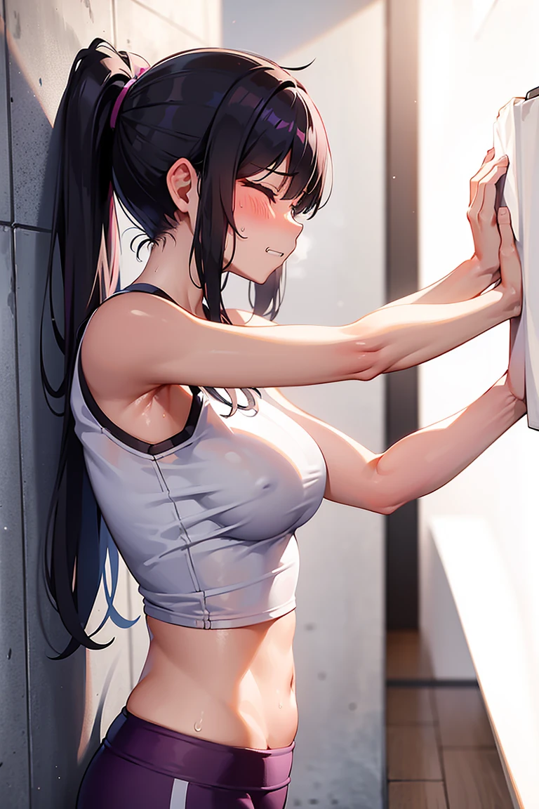 Gym, exercise, 热of, sweating, sweatingof, tan, big, tan skin, panicked, blush, purple clothes, see through, yoga pants, black hair, soak, 湿of, of, split, leaning against wall, leaning against wall, leaning against wall, in pain, 痛苦of, eyes closed, clenched teeth in pain, 弯曲of, White sweaty yoga pants, white transparent pants, ponytail, 巨bigof, 弯曲of, of, 巨bigof, side angle, side view,There  milk flowing out from under the body