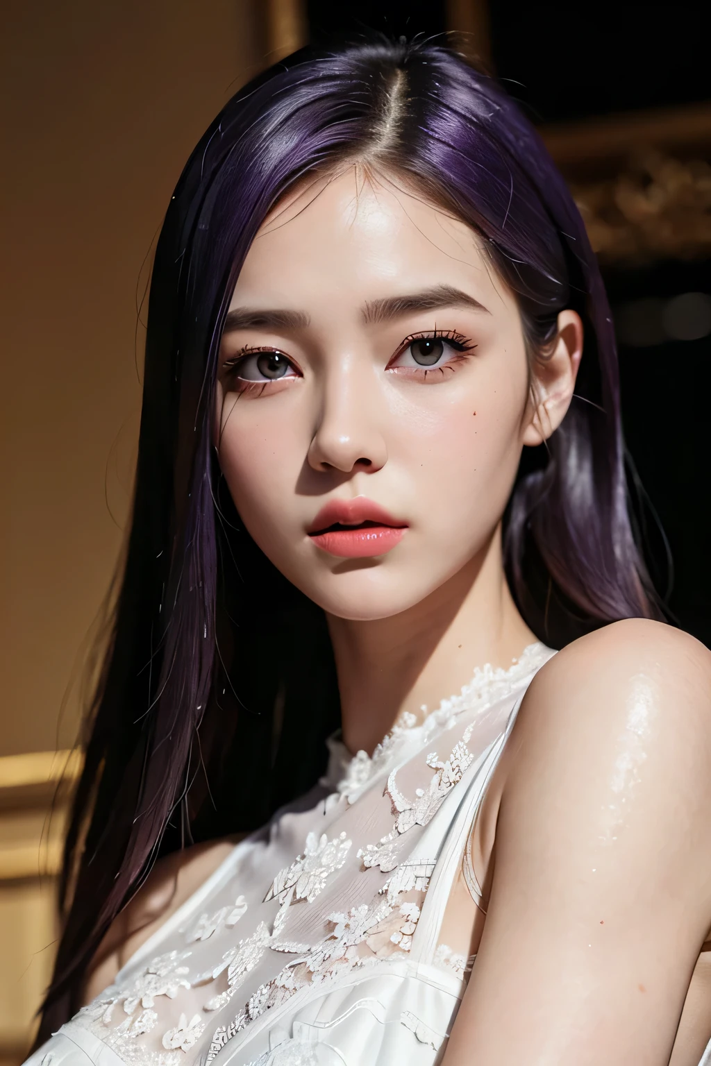 best quality,masterpiece,extremely detailed,high res,4k,ultra high res,detailed shadow,ultra realistic,realistic,dramatic lighting,1girl,solo,detailed face,realistic eyes,realistic skin,white dress,purple hair,dynamic pose, white lace dress, no makeup