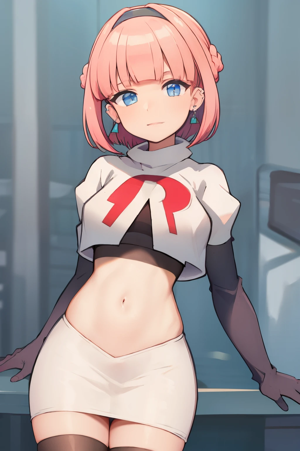 (extremely detailed CG), (best quality), perfect face, shiny skin, lustrous skin, 1girl,solo   narrow waist,  wide hips, mollie, pink hair, bangs, blunt bangs, earrings, jewelry, blue eyes, short hair, piercing,ear piercing, hairband,team rocket,team rocket uniform,white skirt,red letter R,crop top,black thigh-highs,black elbow gloves,