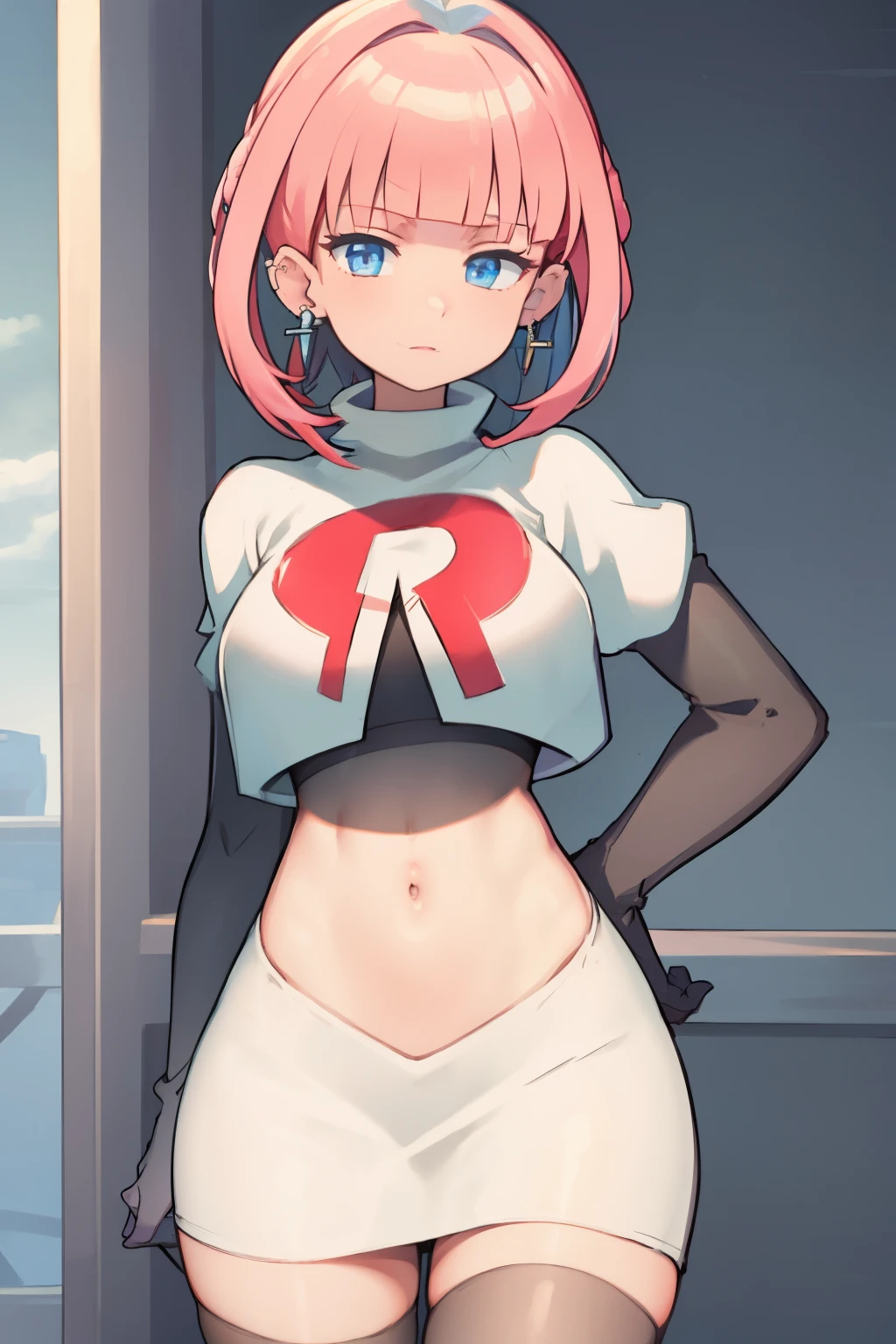 (extremely detailed CG), (best quality), perfect face, shiny skin, lustrous skin, 1girl,solo   narrow waist,  wide hips, mollie, pink hair, bangs, blunt bangs, earrings, jewelry, blue eyes, short hair, piercing,ear piercing, hairband,team rocket,team rocket uniform,white skirt,red letter R,crop top,black thigh-highs,black elbow gloves,