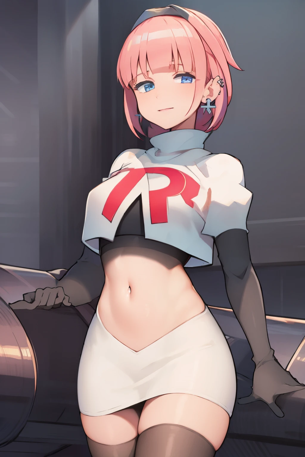 (extremely detailed CG), (best quality), perfect face, shiny skin, lustrous skin, 1girl,solo   narrow waist,  wide hips, mollie, pink hair, bangs, blunt bangs, earrings, jewelry, blue eyes, short hair, piercing,ear piercing, hairband,team rocket,team rocket uniform,white skirt,red letter R,crop top,black thigh-highs,black elbow gloves,