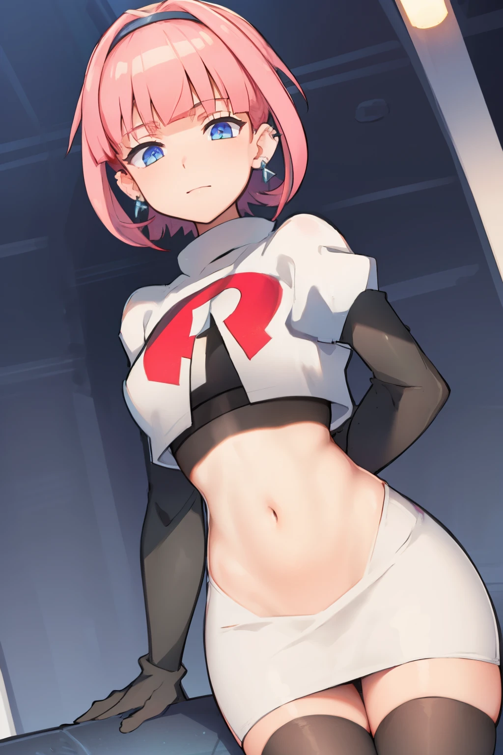 (extremely detailed CG), (best quality), perfect face, shiny skin, lustrous skin, 1girl,solo   narrow waist,  wide hips, mollie, pink hair, bangs, blunt bangs, earrings, jewelry, blue eyes, short hair, piercing,ear piercing, hairband,team rocket,team rocket uniform,white skirt,red letter R,crop top,black thigh-highs,black elbow gloves,