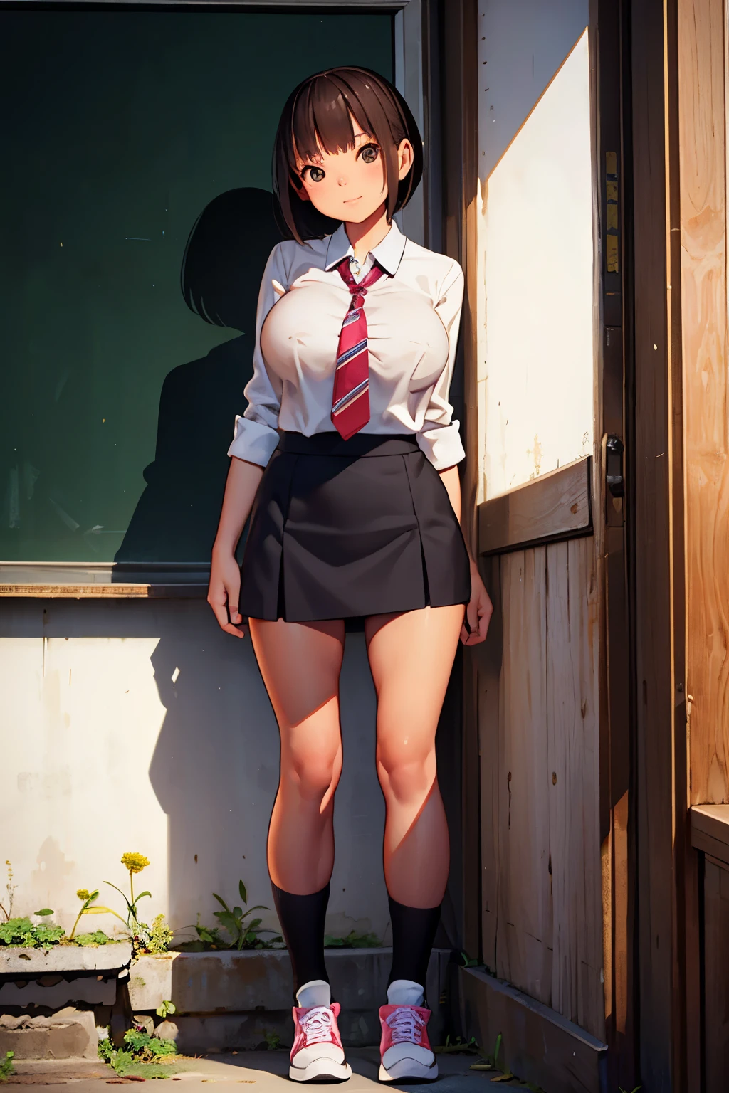 masterpiece, best quality,1girl,young girl,brown eyes,short hair,evil smile,shiny skin,(nice leg line:1.3),thick thighs,thin waist,huge breasts
BREAK
school uniform,necktie, ((pencil_skirt)),pantyhose,sneakers
BREAK
city,crowd,depth of field,looking at viewer,standing,from behind,full body,legsupsexms