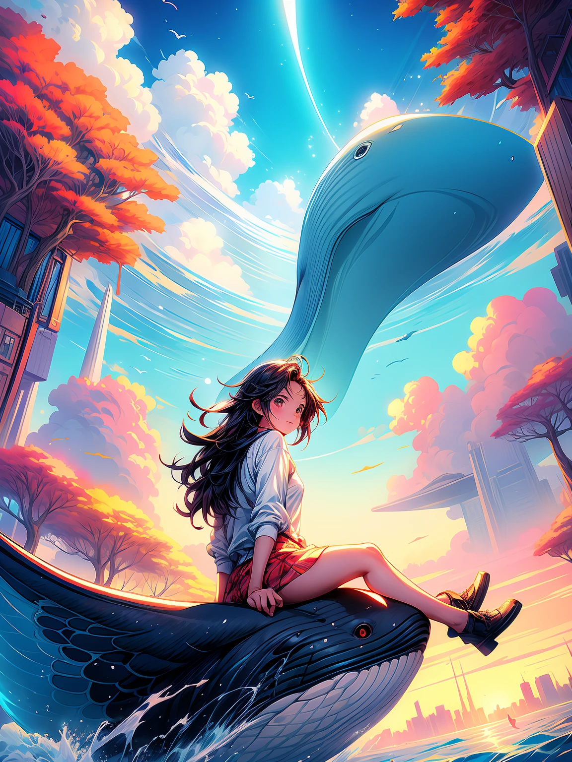anime girl sitting on a whale in the sky with a city in the background, inspired by Cyril Rolando, in style of cyril rolando, makoto shinkai cyril rolando, cyril rolando and goro fujita, cyril rolando and m. w kaluta, cyril rolando and m.w kaluta, sky whales, dreamy illustration