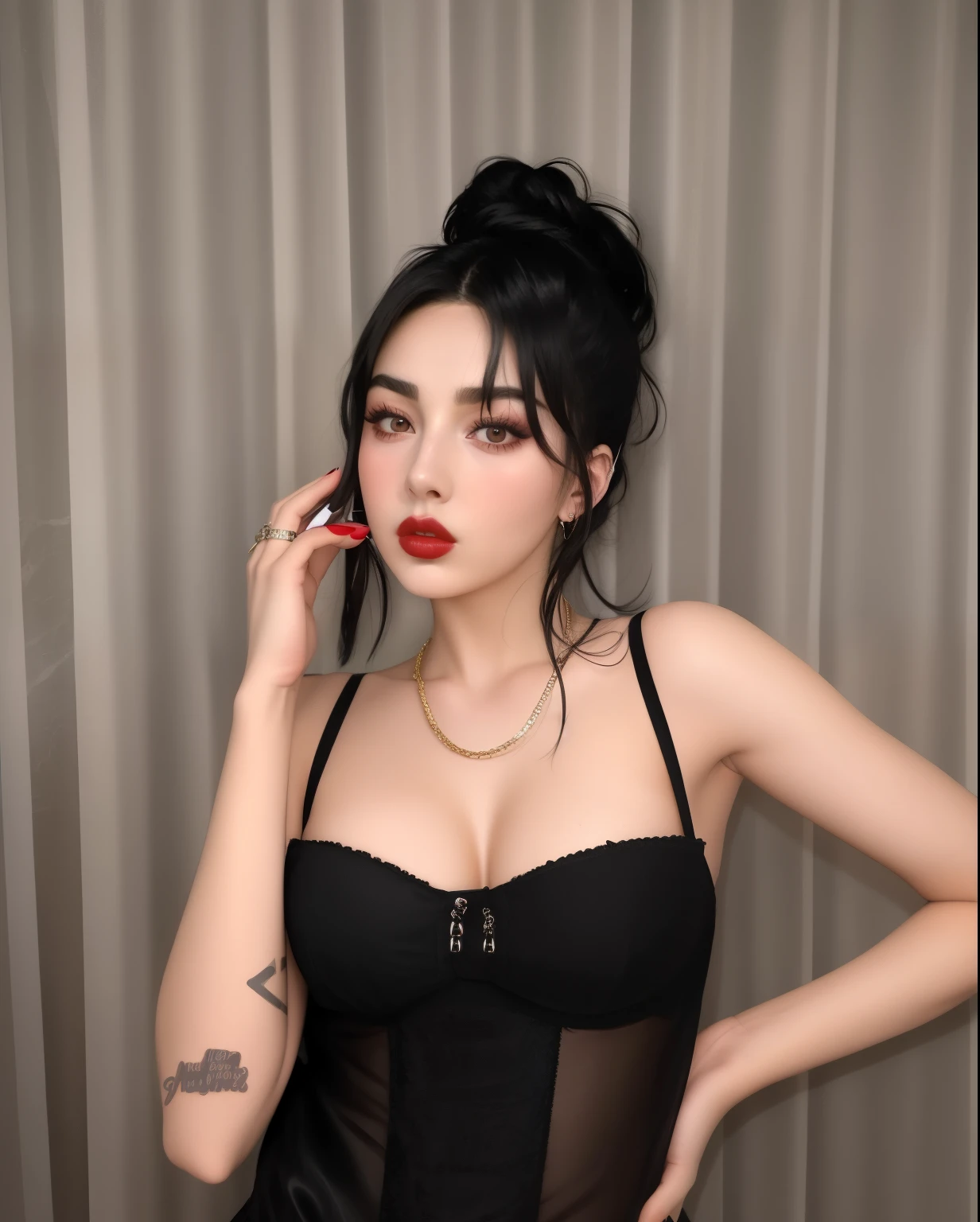 araffe woman in a black dress, charli xcx, charli bowater, ava max, dua lipa, sexy look, in a black betch bra, profile image, sultry smirk, mean smirk, she has black hair with bangs, goth girl aesthetic, sexy gaze, charli bowater and artgeem, joy red velvet