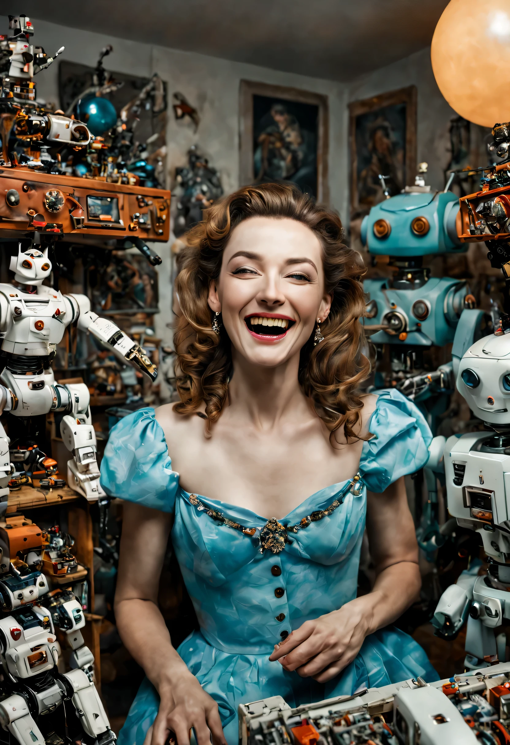 A woman surrounded by small toy machines, robots, and drones, inside her micro apartment, closeup pose, she is laughing, realistic, postmodern photography, elegant figures, contemporary colors, art nouveau fashion, sharp focus, looking at viewer. Intricate, photo-realistic, hyper-detailed, award-winning, by Arthur Rackham, by Salvador Dalí, detailed face features, sharp eyes, soft skin, casting, meticulous, ultra realistic, crisp quality, evocative, masterful, Full moon, Aerial perspective, unique, bewitching, divine, sublime, dreamy, tantalizing, breathtaking, delightful, trendy, captivating, glamorous, dazzling, fascinating, glorious, delicate