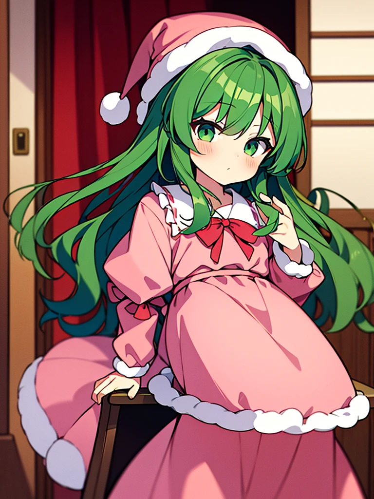 masterpiece, best quality, 1girl,  girl, chilears old,a (pc-98), solo, green hair, long hair, pink nightcap, pink santa hat, green eyes, kazami yuuka, long sleeves, red ribbon, pink negligee, sleepy eyes, one piece clothing, touhou, pajamas, pink nightgown, fluffy hair, hair over one eye, wavy hair, long skirt,