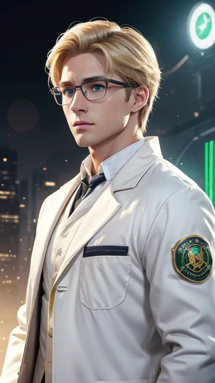 blonde、green eyes、handsome hero with glasses、white coat worn by scientists、alone、There are also researchers、There are scientists、graduate school、Upper body、highest quality、masterpiece、ultra high resolution、(Photoreal:1.4)、game poster