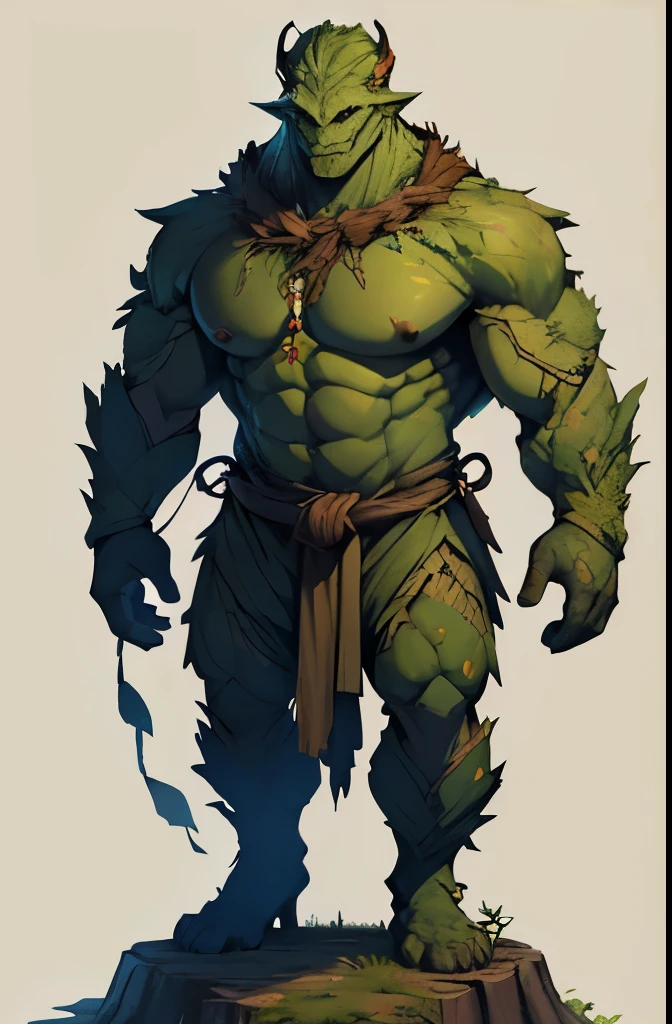 human-like tree, like a golem , tree standing on 2 legs, get dressed, Wild man, The skin is bark., I'm a leaf, friendly face , human-shaped,