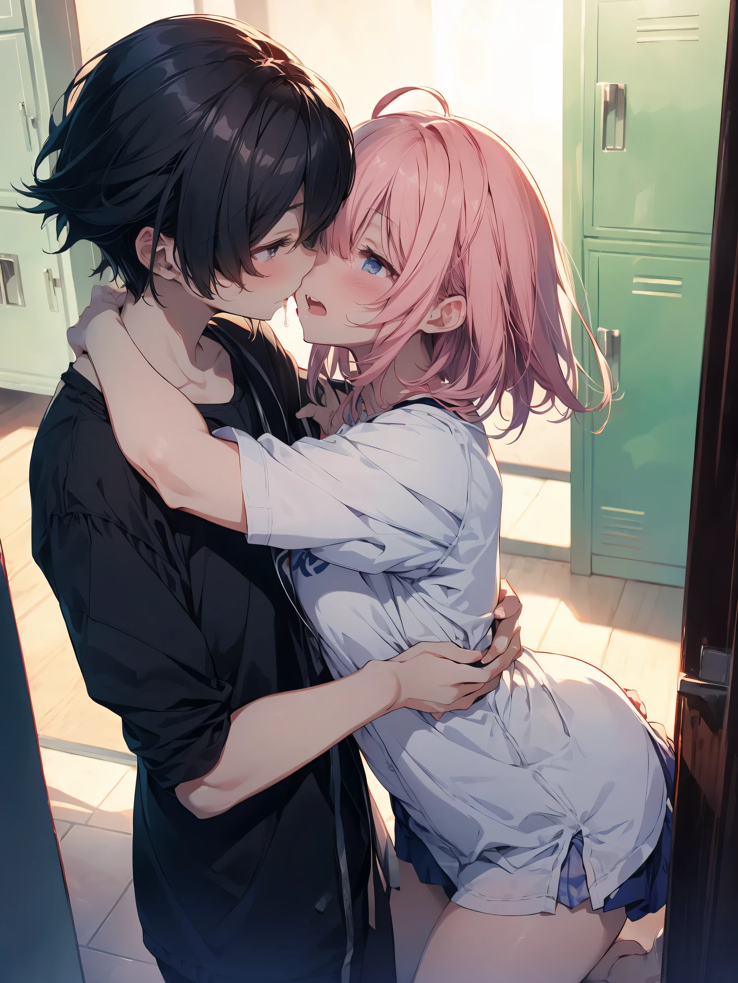 Super high quality by the art god, super detailed, High resolution, Ilya Kubshinov style, anime moe art style, best anime 8k konachan wallpaper, pixiv contest winner, perfect anatomy,break, (cute girl:1.1), (2 girls、8--old、n、child、scute、cute、small胸、highly detailed eyes:1.2)、(lily、kiss、hug from behind、Fingering crotch、eyes half closed、eye contact:1.sweating、hugged、red blush:1.1)、 BREAK white bra、pink good、blue bra、green bra、gray bra、light gray bra、 striped bra、Good polka dot pattern、good plaid、cuteブラジャー、kids good、good for sports、camisole、cotton panties、school skirt、blake black hair、blue hair、brown hair、extra belly short hair、short hair、middle hair、hair length、wavy hair、curly hair、light pink braided hair、princess cut、bob cut、twin tails、低いtwin tails、ponytail、ライトブルーのローponytail、break,(Love juice dripping from the girl's crotch:1.2), forced sexual sensation, blush, heavy breathing, (steam breath:1.2),ecstasy, (((A girl trembling at sexual climax:1.4))),(Trembling flow line),(orgasm:1.3),Afterglow,drool,Tears form at the corner of my eyes, break,(locker room:1.2)、(evening、evening、orange sunlight:1.2)、 break,super dense skin,shiny skin,Best lighting by famous artists, 8K,cuteイラスト.