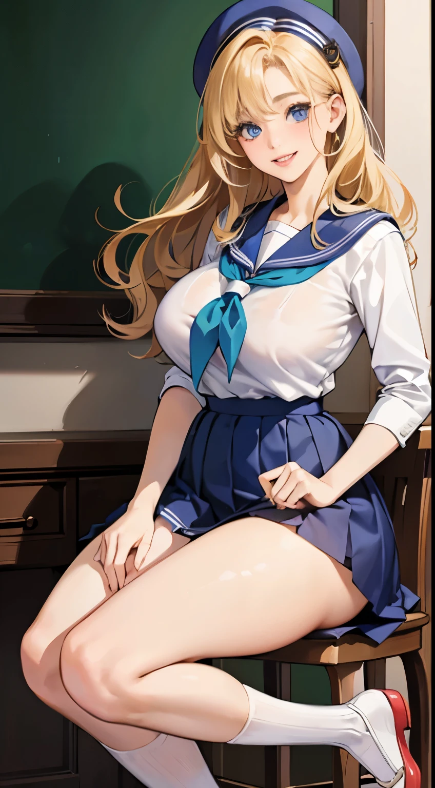 highest quality、realistic、high school girl、foreigner、big and full breasts、big breasts、sailor suit、cute制服、No sleeve、tight fit uniform、very short skirt、laughter、Big eyes、long eyelashes、long upper eyelashes、blonde、hair length、cute、beautiful woman、Sexy、classroom、Glossy skin、thighs thighs thighs、thin fabric、thin arms、thin waist、big ass、a seductive body、Full body Esbian、looking here、sit on top、revealing costumes、ecstatic expression