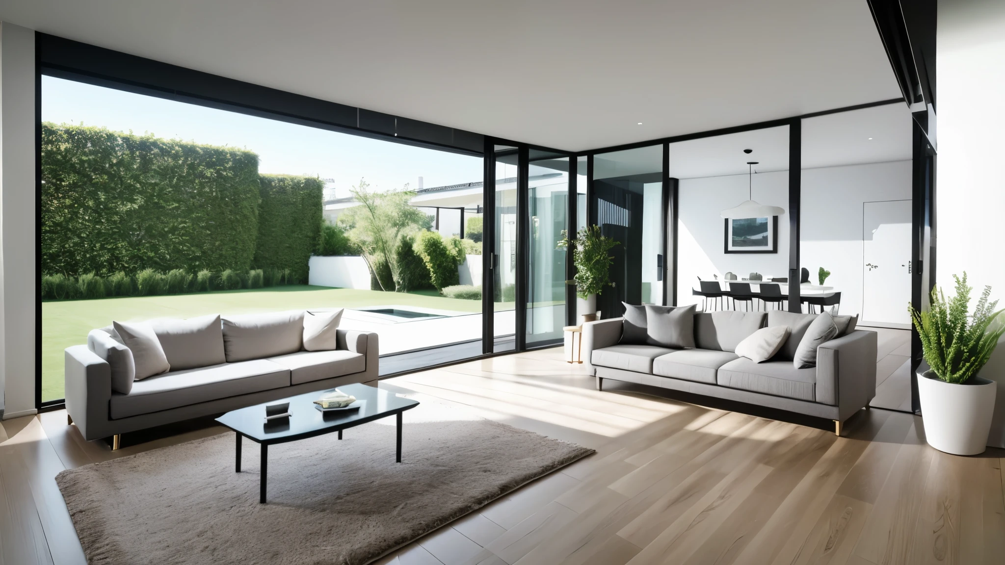 You are a famous interior designer、You have been asked to create a 3D image of a modern large room. Create a harmonious environment with modern and minimalist furniture. Including garden interior.