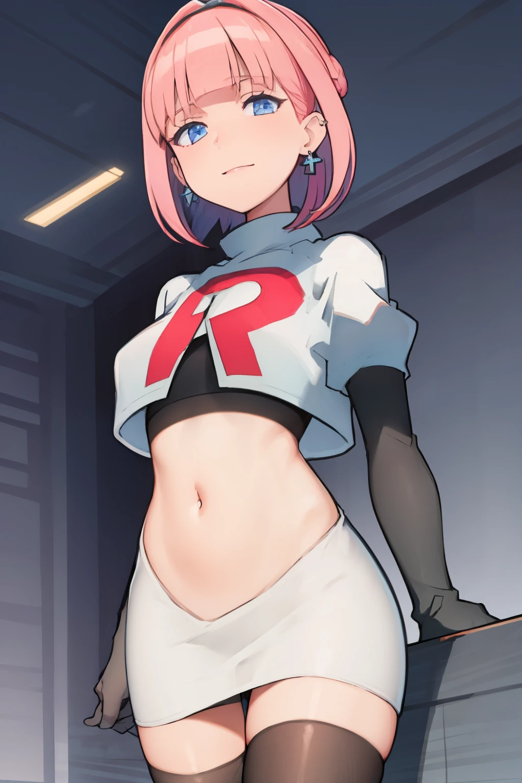 (extremely detailed CG), (best quality), perfect face, shiny skin, lustrous skin, 1girl,solo   narrow waist,  wide hips, mollie, pink hair, bangs, blunt bangs, earrings, jewelry, blue eyes, short hair, piercing,ear piercing, hairband,team rocket,team rocket uniform,white skirt,red letter R,crop top,black thigh-highs,black elbow gloves,