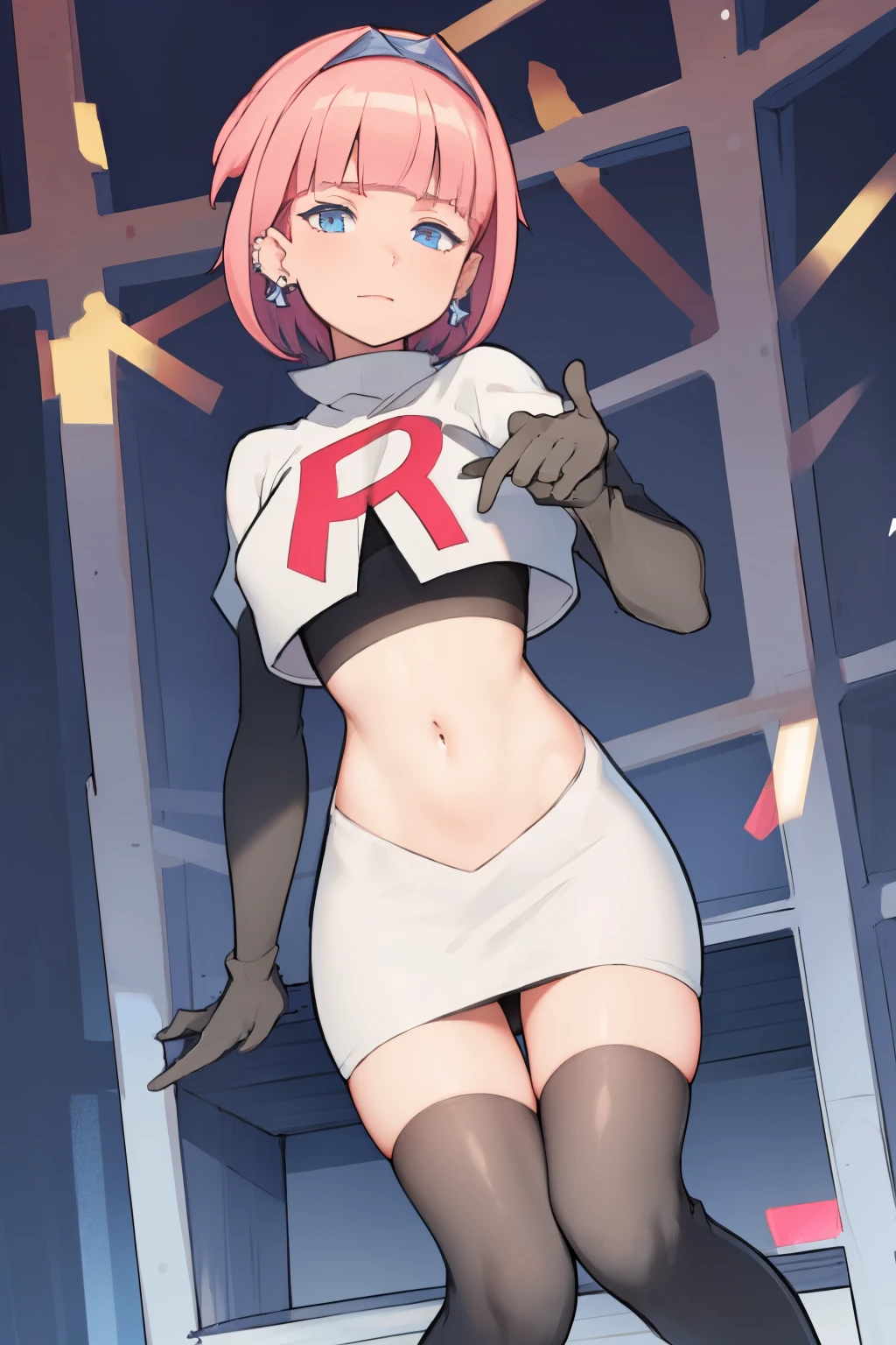 (extremely detailed CG), (best quality), perfect face, shiny skin, lustrous skin, 1girl,solo   narrow waist,  wide hips, mollie, pink hair, bangs, blunt bangs, earrings, jewelry, blue eyes, short hair, piercing,ear piercing, hairband,team rocket,team rocket uniform,white skirt,red letter R,crop top,black thigh-highs,black elbow gloves,