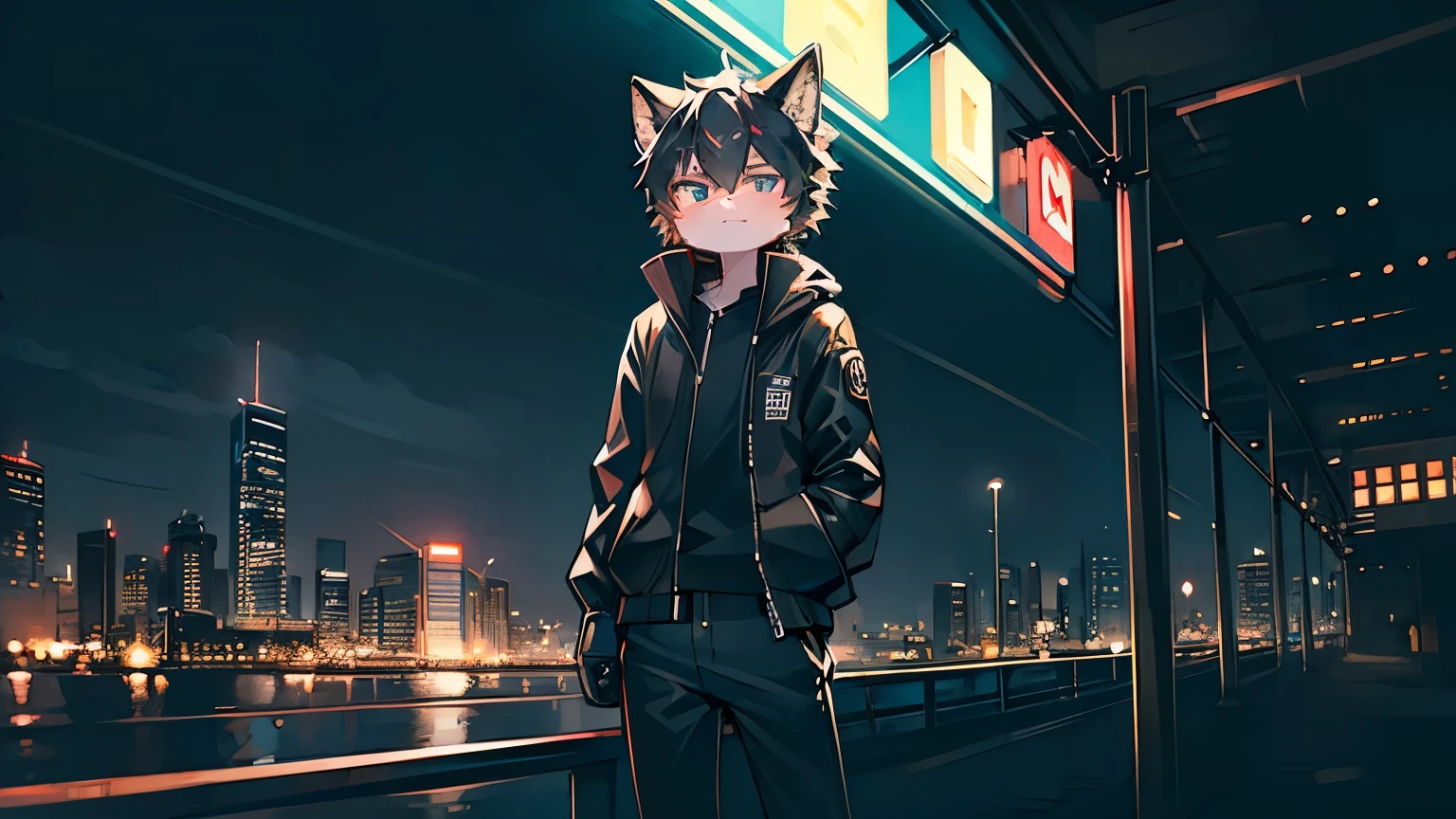 Solo, kemono, short height, black hair wear black jacket, wear black pants, no smile, look at camera, stand side of bmw car, night time, city background, neon light, high details