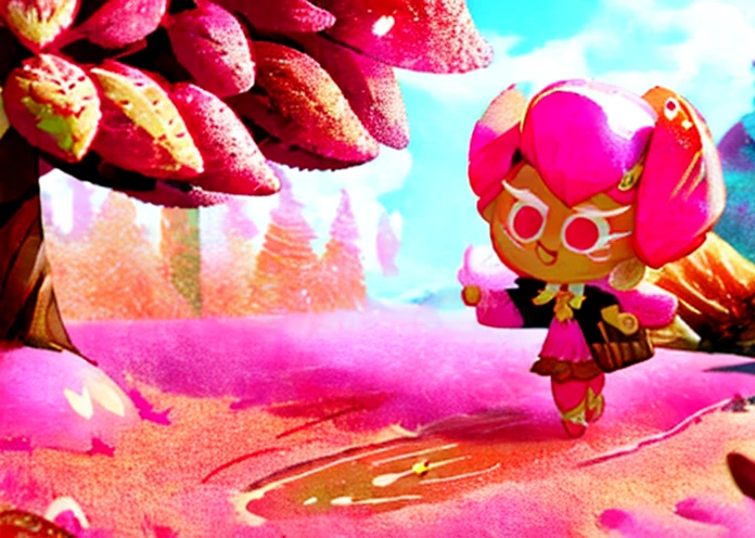 Nightmare: Strawberry Milkshake Cookie run out Deep Dark Wood, pink hair, medium hair, messy hair, low ponytail, comb over, winged helmet, X X, Pink Eyes, Surrealism, drop shadow, stereogram, 8k, super detail, 1080P