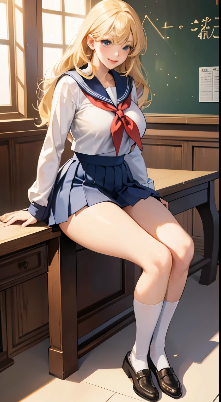 highest quality、realistic、high school girl、foreigner、big and full breasts、big breasts、sailor suit、cute制服、No sleeve、tight fit uniform、very short skirt、laughter、Big eyes、long eyelashes、long upper eyelashes、blonde、hair length、cute、beautiful woman、Sexy、classroom、Glossy skin、thighs thighs thighs、thin fabric、thin arms、thin waist、big ass、a seductive body、Full body Esbian、looking here、sit on top、revealing costumes、ecstatic expression