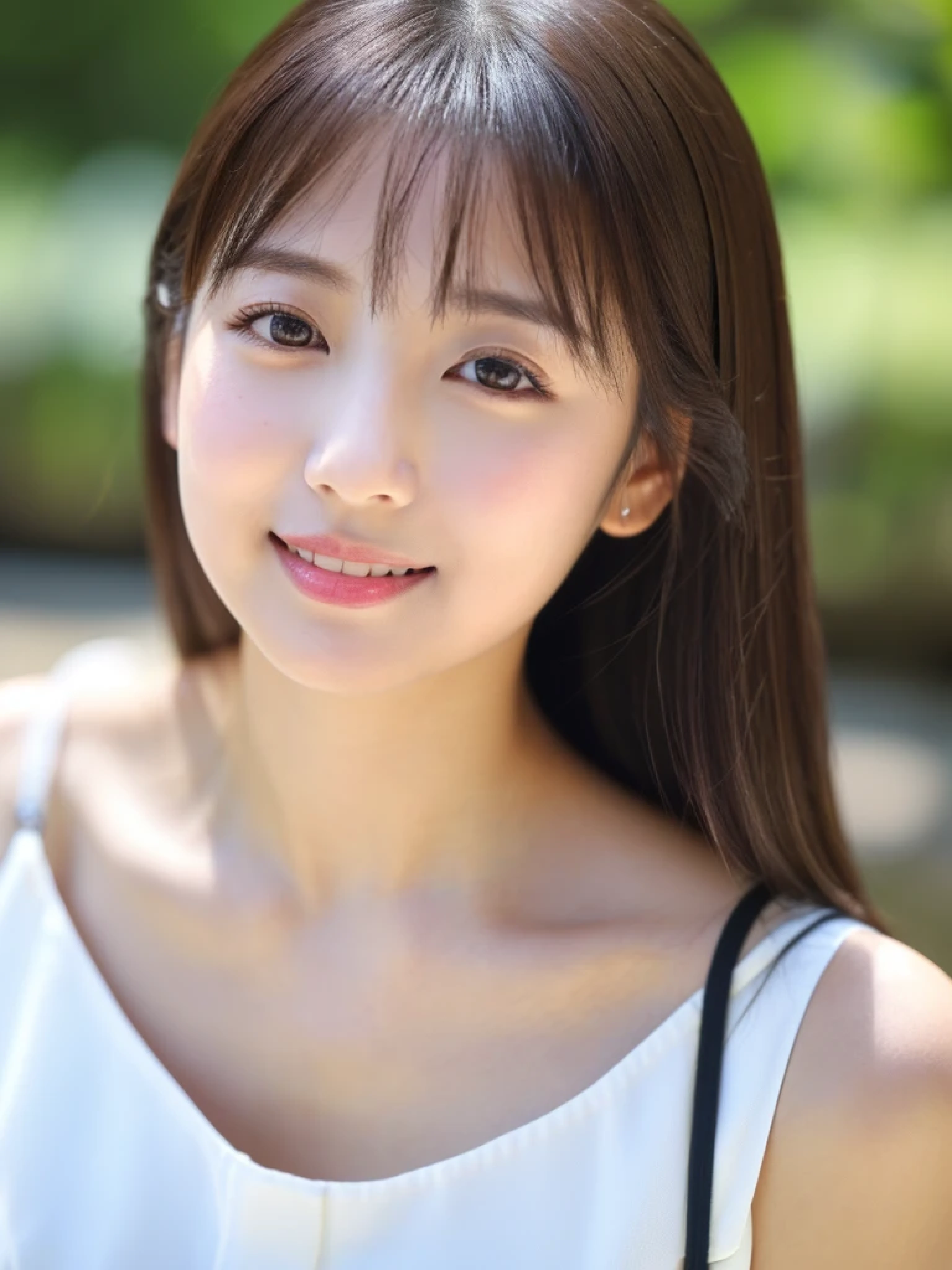 ((Girl with mouth wide open、cute日本の女の子、beautiful japanese girl、1 girl、clear、19 years old、ponytail、Highly detailed face and skin texture、refinement、super detailed face、highly detailed eyes、Lee Hong、blush、cheek、ピンクのcheekを塗ったcheek、close-up of woman、 from the neck up、 positive face、frontを向いている顔、Forward-facing body、frontを向いている体、look at the camera、front、cute、smooth white skin、Transparent skin texture、))、(dark brown hair、bangs)、beautiful woman with perfect style：1.4、japanese model、young gravure idol、若いcuteグラビアアイドル、Realistic young gravure idol、refinementされたグラビアアイドル、((highest quality、8K、masterpiece:1.3、１photograph))、(4K、RAWphotograph、highest quality)、(realistic、フォトrealistic:1.37)、Place someone on the other side of the screen、Natural light、upper body and head、