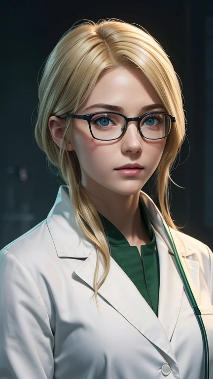 blonde、green eyes、Beautiful protagonist wearing glasses、white coat worn by scientists、alone、There are also researchers、There are scientists、graduate school、Upper body、highest quality、masterpiece、ultra high resolution、(Photoreal:1.4)、game poster