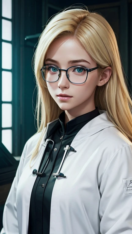 blonde、green eyes、Beautiful protagonist wearing glasses、white coat worn by scientists、alone、There are also researchers、There are scientists、graduate school、Upper body、highest quality、masterpiece、ultra high resolution、(Photoreal:1.4)、game poster