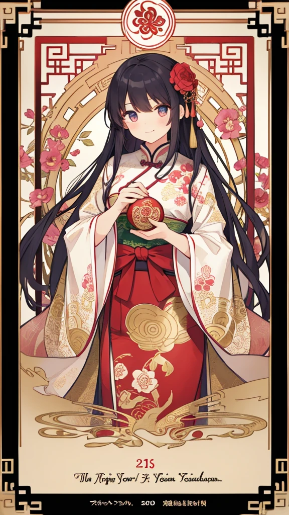 absurdres, best quality, fine detailed, 8k, new year greeting card, tarot card style frame, art nouveau, (Alphonse Mucha), art deco, Ancient china Style, 1girl, smile, red damask  hanfu dress, hair flower ornament, upper body, Chinese style fantasy window decorated with crystal texture, Ancient court scenery, red flower decoration beads, Chinese-style decorative string, plum blossoms tree, peony, petals