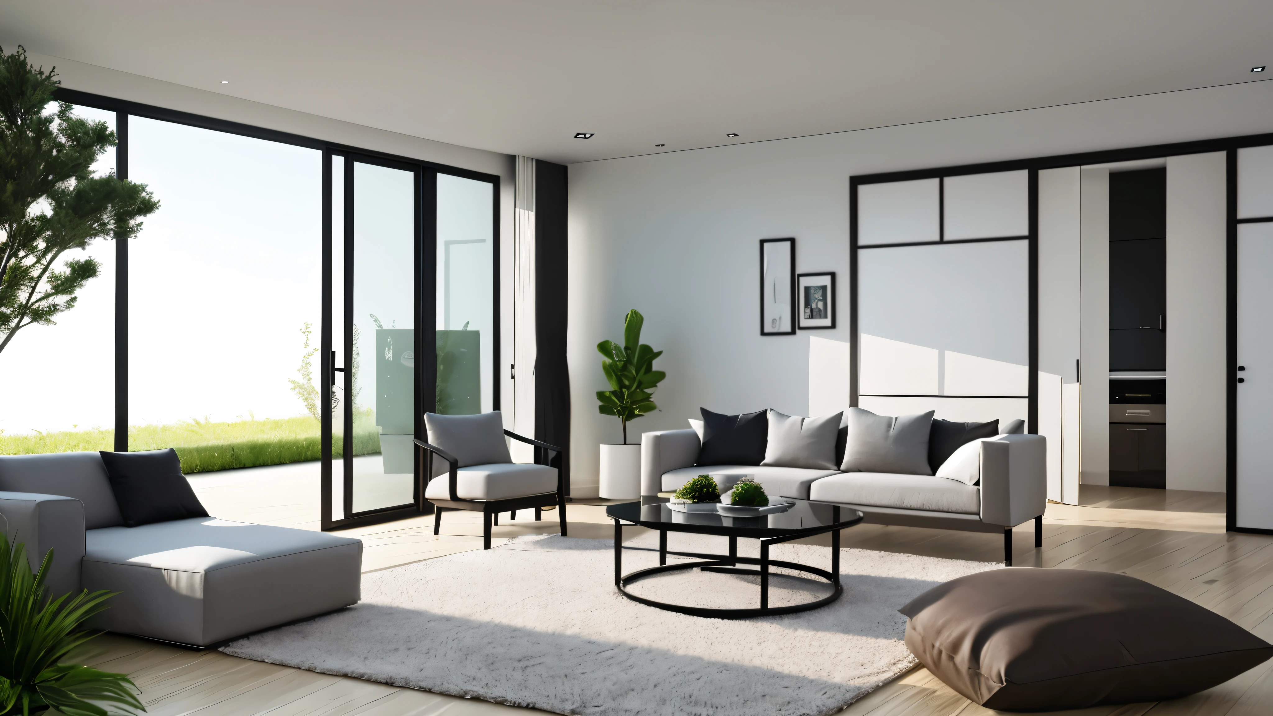 You are a famous interior designer、You have been asked to create a 3D image of a modern large room. Create a harmonious environment with modern and minimalist furniture. Including garden interior.