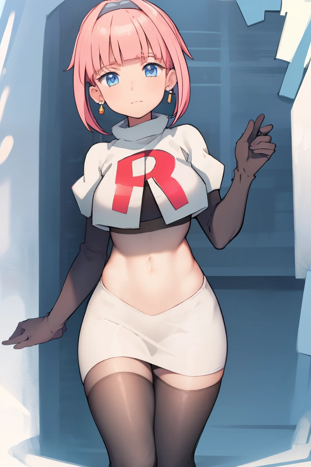 (extremely detailed CG), (best quality), perfect face, shiny skin, lustrous skin, 1girl,solo   narrow waist,  wide hips, mollie, pink hair, bangs, blunt bangs, earrings, jewelry, blue eyes, short hair, piercing,ear piercing, hairband,team rocket,team rocket uniform,white skirt,red letter R,crop top,black thigh-highs,black elbow gloves,