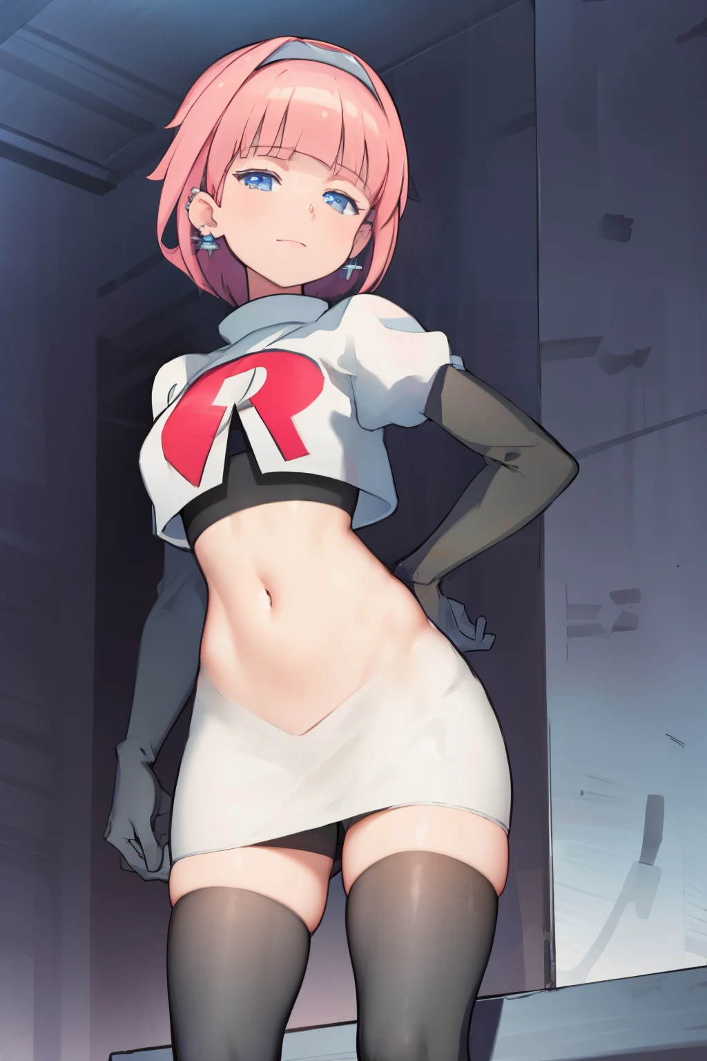 (extremely detailed CG), (best quality), perfect face, shiny skin, lustrous skin, 1girl,solo   narrow waist,  wide hips, mollie, pink hair, bangs, blunt bangs, earrings, jewelry, blue eyes, short hair, piercing,ear piercing, hairband,team rocket,team rocket uniform,white skirt,red letter R,crop top,black thigh-highs,black elbow gloves,