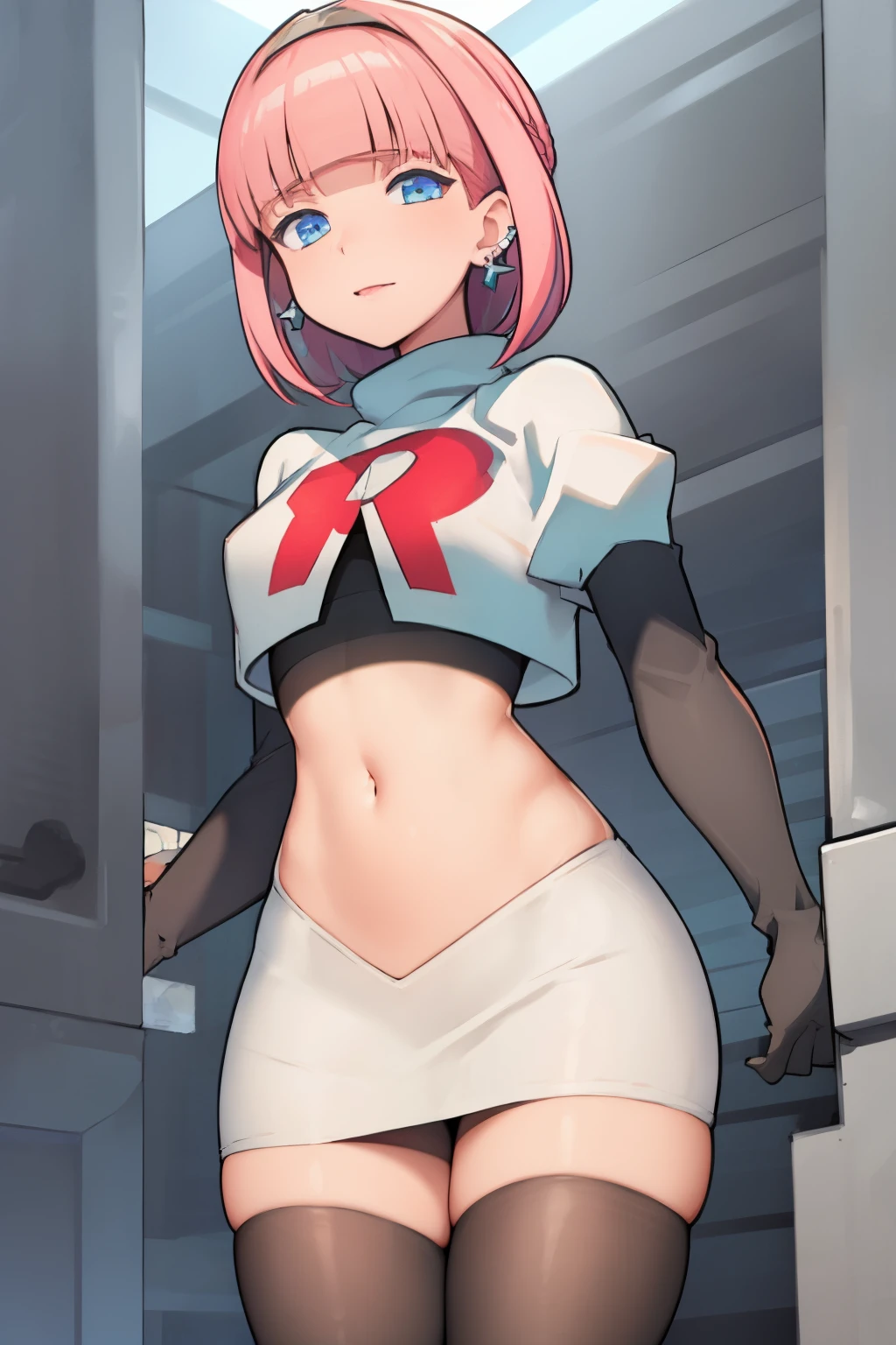 (extremely detailed CG), (best quality), perfect face, shiny skin, lustrous skin, 1girl,solo   narrow waist,  wide hips, mollie, pink hair, bangs, blunt bangs, earrings, jewelry, blue eyes, short hair, piercing,ear piercing, hairband,team rocket,team rocket uniform,white skirt,red letter R,crop top,black thigh-highs,black elbow gloves,