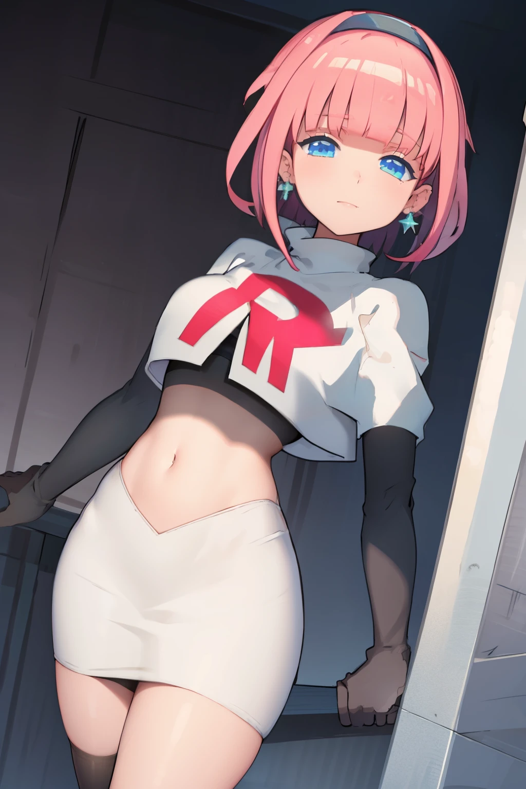 (extremely detailed CG), (best quality), perfect face, shiny skin, lustrous skin, 1girl,solo   narrow waist,  wide hips, mollie, pink hair, bangs, blunt bangs, earrings, jewelry, blue eyes, short hair, piercing,ear piercing, hairband,team rocket,team rocket uniform,white skirt,red letter R,crop top,black thigh-highs,black elbow gloves,