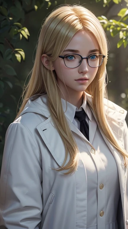 blonde、green eyes、Beautiful protagonist wearing glasses、white coat worn by scientists、alone、There are also researchers、There are scientists、graduate school、Upper body、highest quality、masterpiece、ultra high resolution、(Photoreal:1.4)、game poster