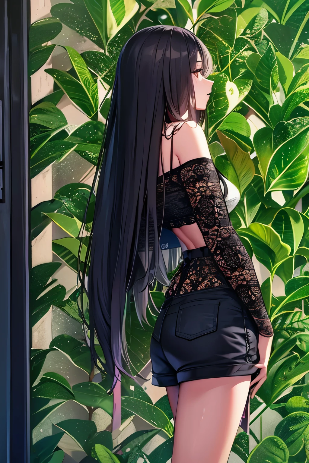 black long straight hair， women，shorts