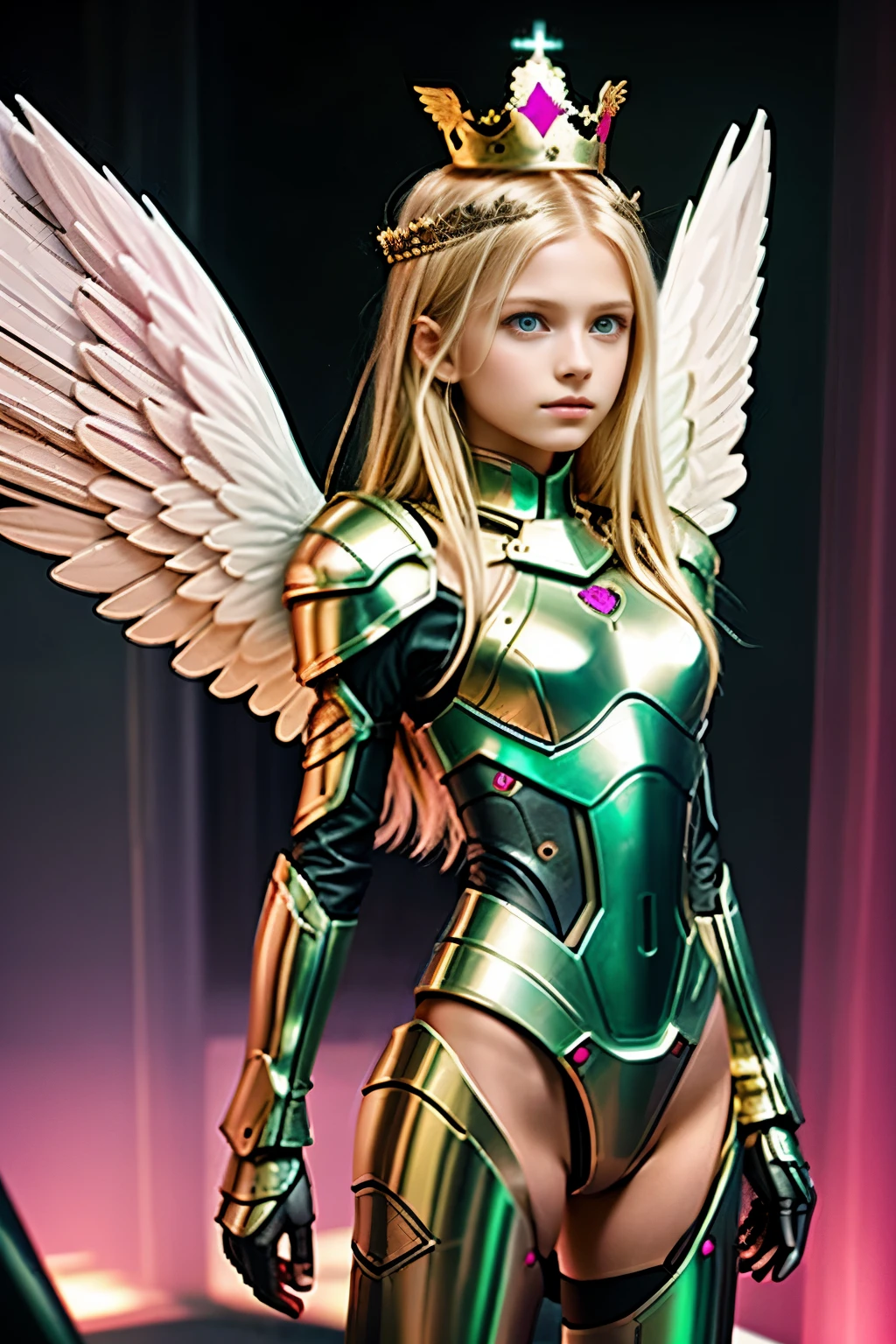 A  girl with long hair green eyes blonde hair like angel, Girl has machine wings, Wearing sexy pink armor, wearing a machine crown,