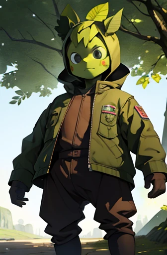 human-like tree, like a golem , tree standing on 2 legs, Dressed in only pants, Wild man, The skin is bark., I'm a leaf, friendly face , human-shaped, Small body shape,