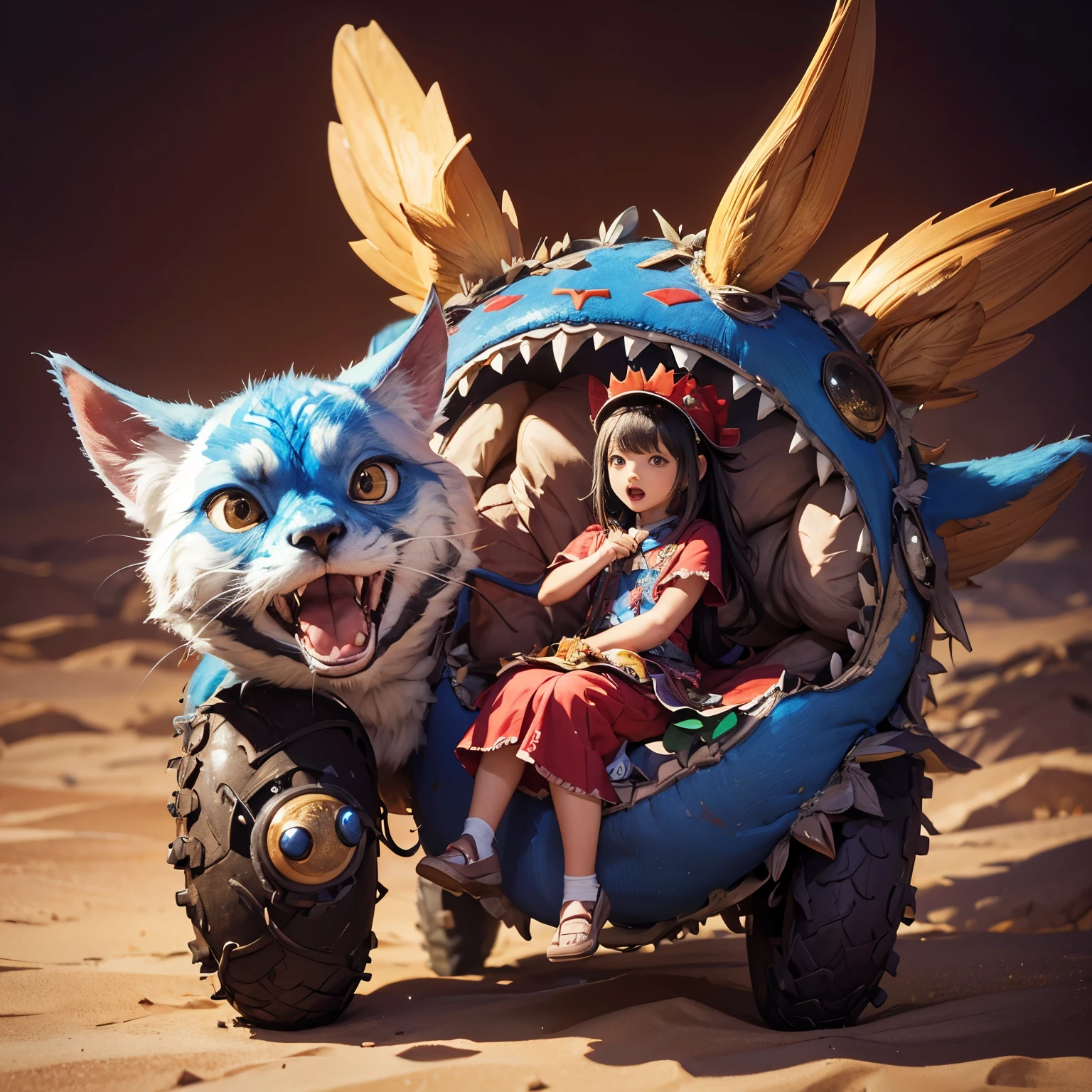 Super high resolution、Super high quality、8K、Wonderful expression with attention to detail、lots of small children, A comical and cute monster becomes your friend....、everyone is playing together、monster hunter character costume、vast desert background、
