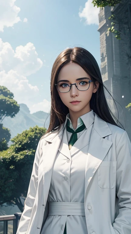 green eyes、Beautiful protagonist wearing glasses、white coat worn by scientists、alone、There are also researchers、There are scientists、graduate school、Upper body、highest quality、masterpiece、ultra high resolution、(Photoreal:1.4)、game poster