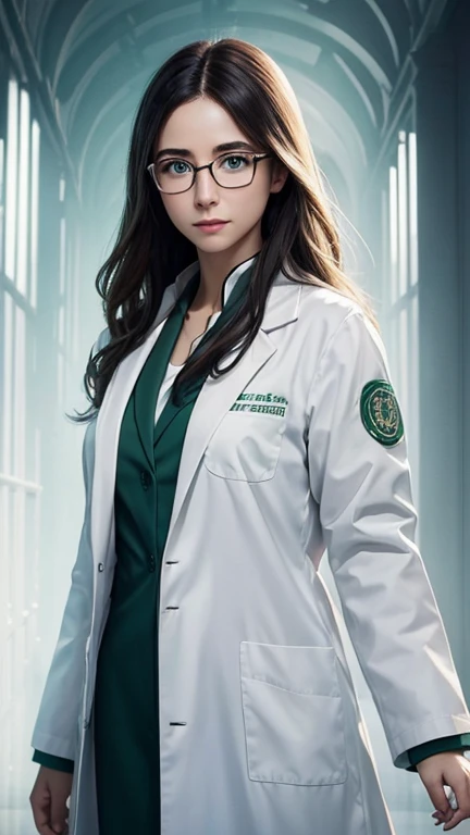 green eyes、Beautiful protagonist wearing glasses、white coat worn by scientists、alone、There are also researchers、There are scientists、graduate school、Upper body、highest quality、masterpiece、ultra high resolution、(Photoreal:1.4)、game poster