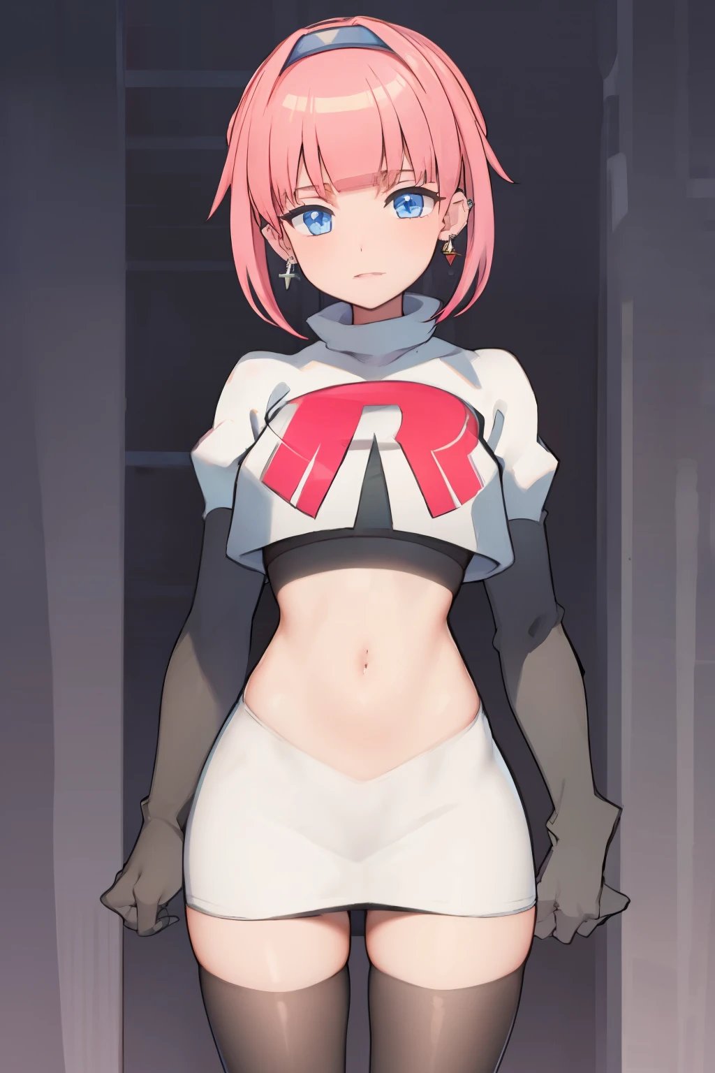 (extremely detailed CG), (best quality), perfect face, shiny skin, lustrous skin, 1girl,solo   narrow waist,  wide hips, mollie, pink hair, bangs, blunt bangs, earrings, jewelry, blue eyes, short hair, piercing,ear piercing, hairband,team rocket,team rocket uniform,white skirt,red letter R,crop top,black thigh-highs,black elbow gloves,