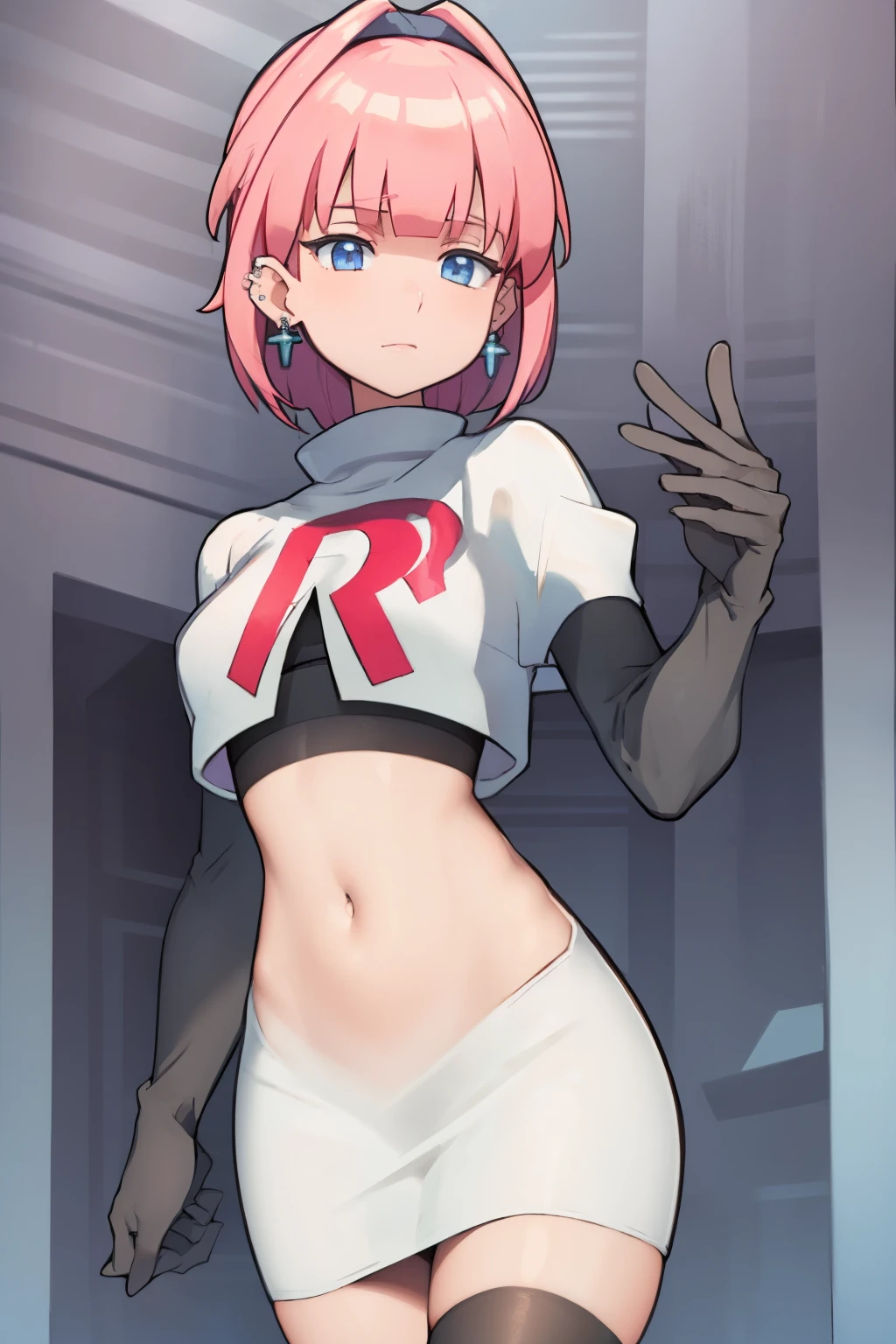 (extremely detailed CG), (best quality), perfect face, shiny skin, lustrous skin, 1girl,solo   narrow waist,  wide hips, mollie, pink hair, bangs, blunt bangs, earrings, jewelry, blue eyes, short hair, piercing,ear piercing, hairband,team rocket,team rocket uniform,white skirt,red letter R,crop top,black thigh-highs,black elbow gloves,